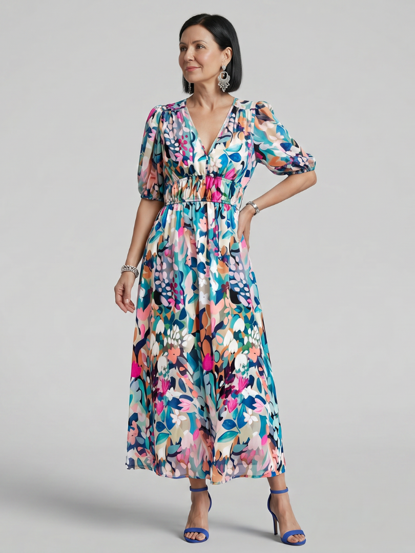 Lila™ | Chic Abstract Print Midi Dress for Effortless Elegance