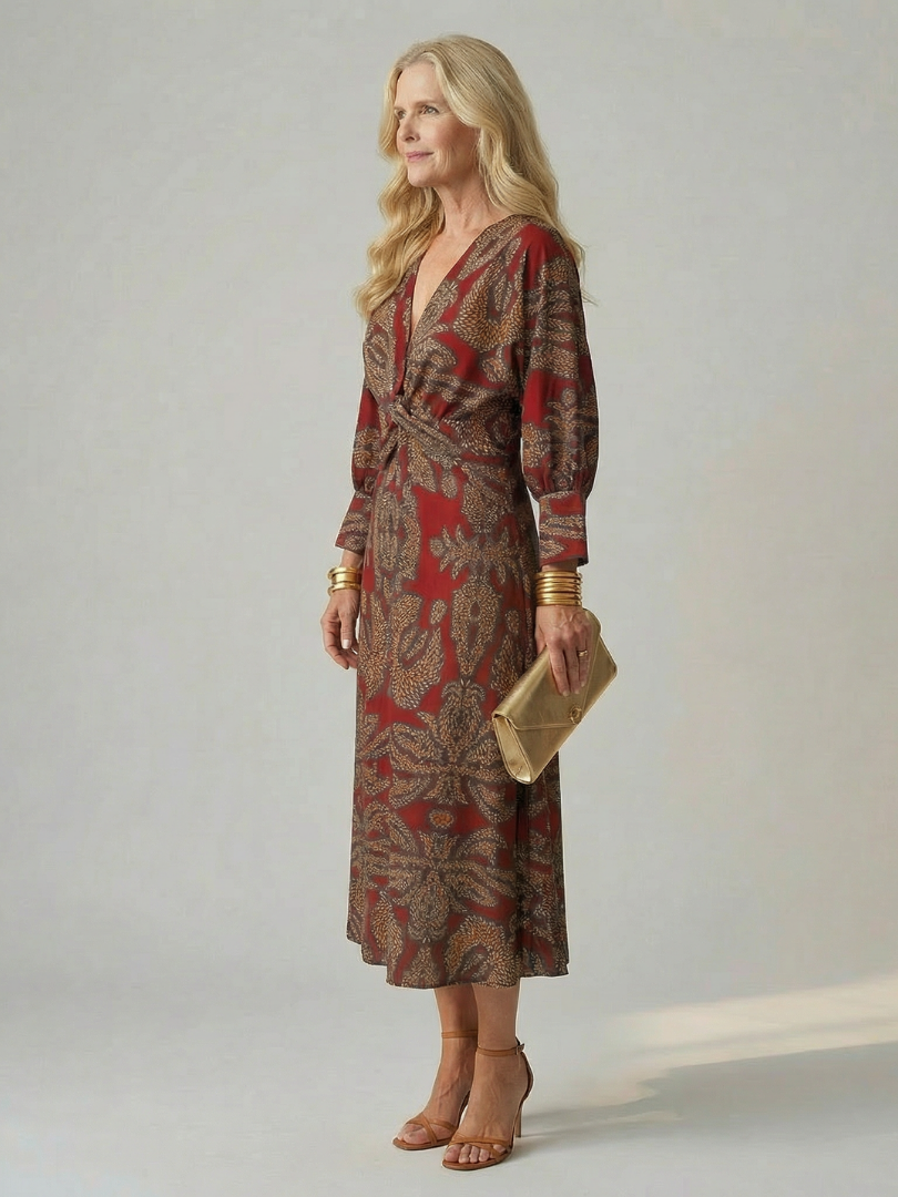 Romilly™ | Chic Long Sleeve Wrap Midi Dress in Rich Hues