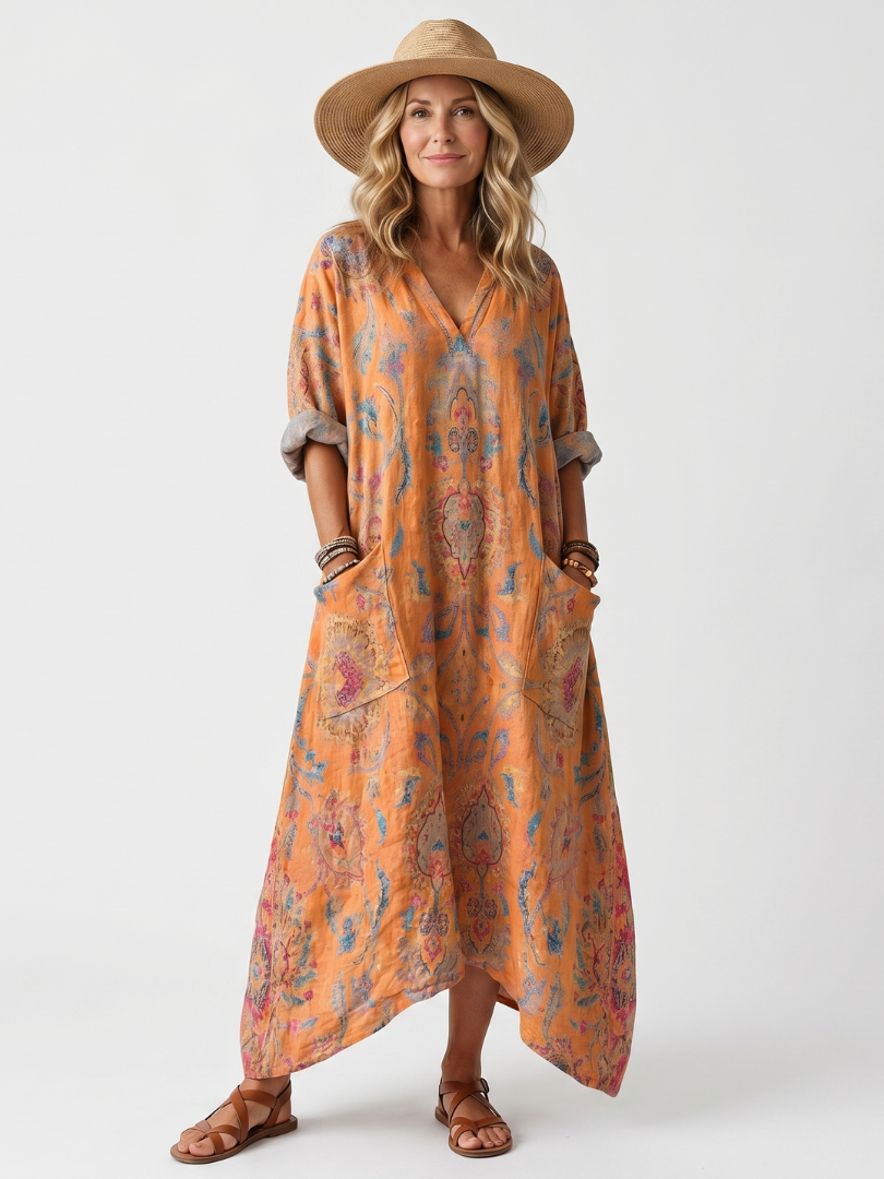 Elena™ | Chic Printed Midi Dress with Pockets