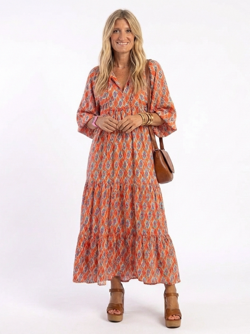Margery™ | Chic Geometric V-Neck Midi Dress for Effortless Style