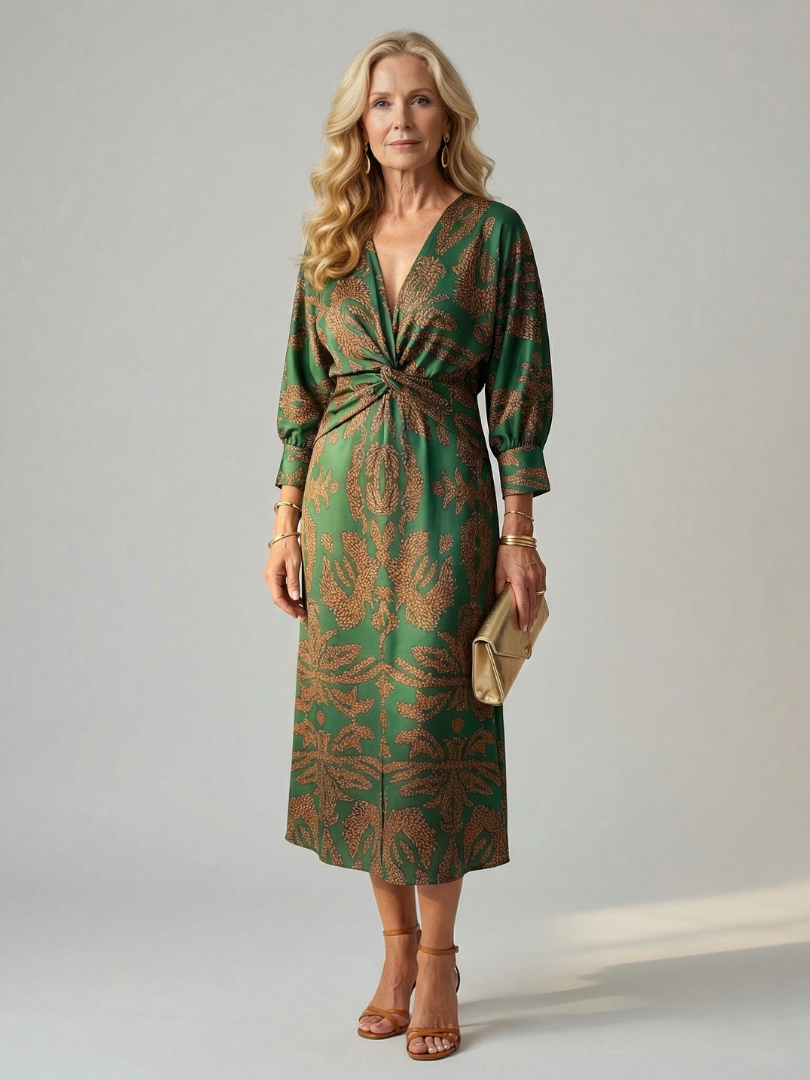 Romilly™ | Chic Long Sleeve Wrap Midi Dress in Rich Hues