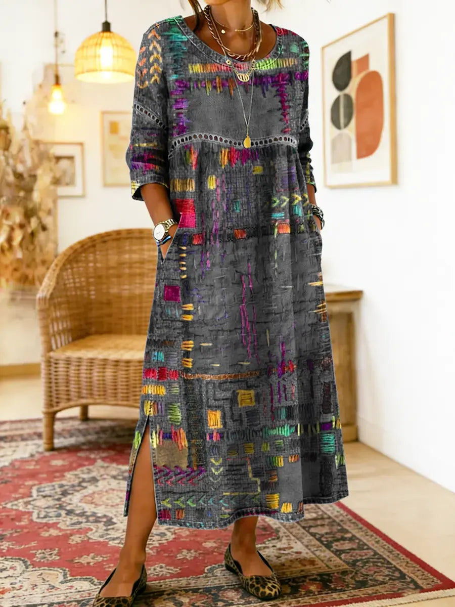 Clara - Chic Denim Dress with Ethnic Flair