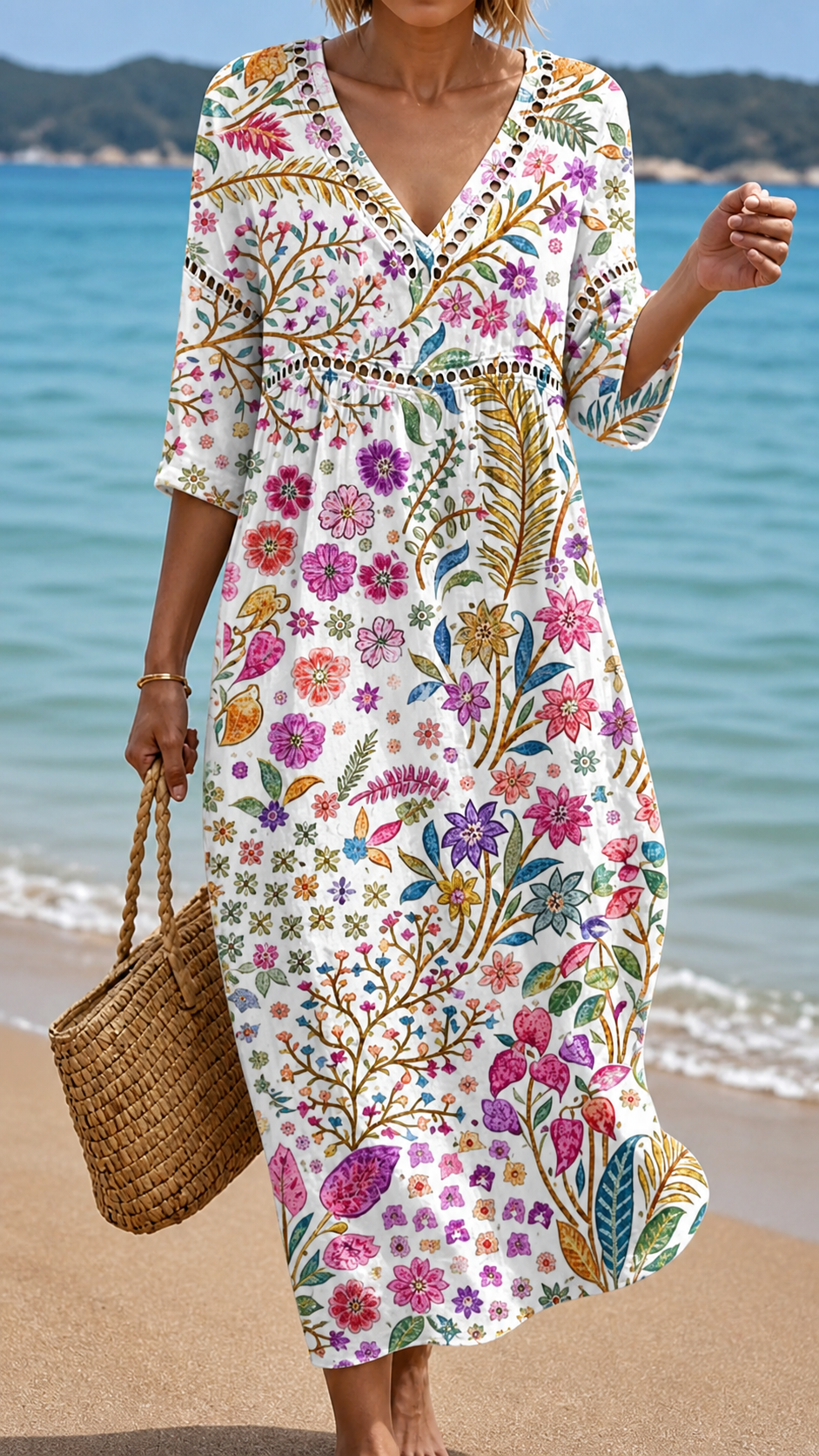 Soft Midi Dress with Elegant Multicolour Floral Pattern