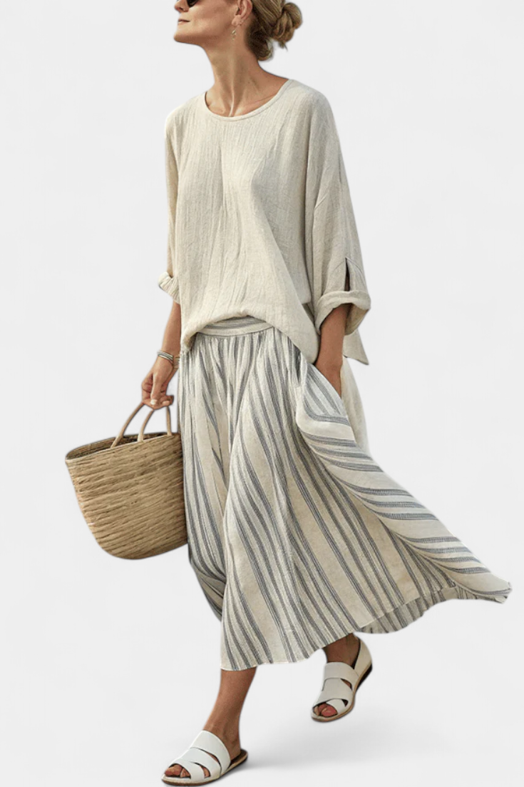 Bella™ | Chic Blouse and Striped Midi Skirt for Effortless Elegance