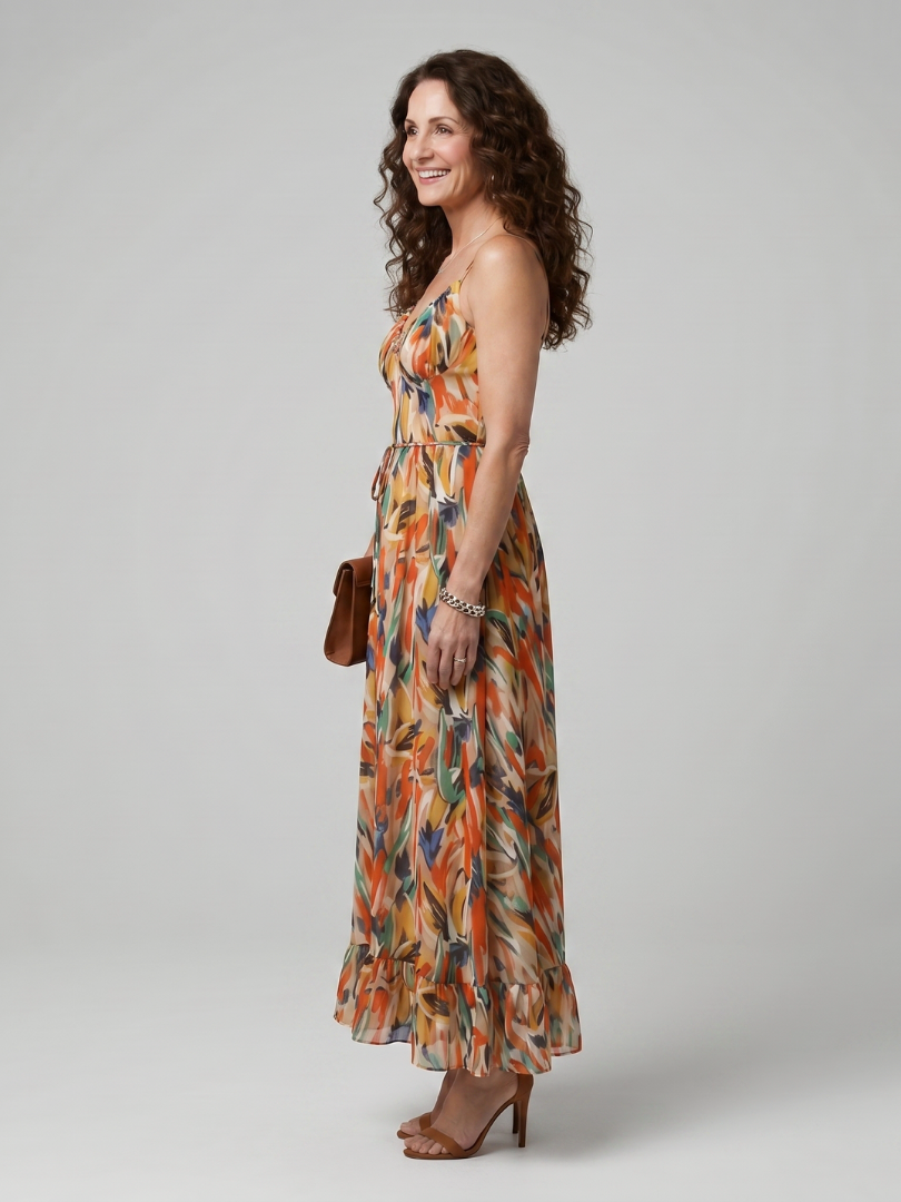 Clara™ | Elegant Abstract Print Midi Dress in Vibrant Multicolour
