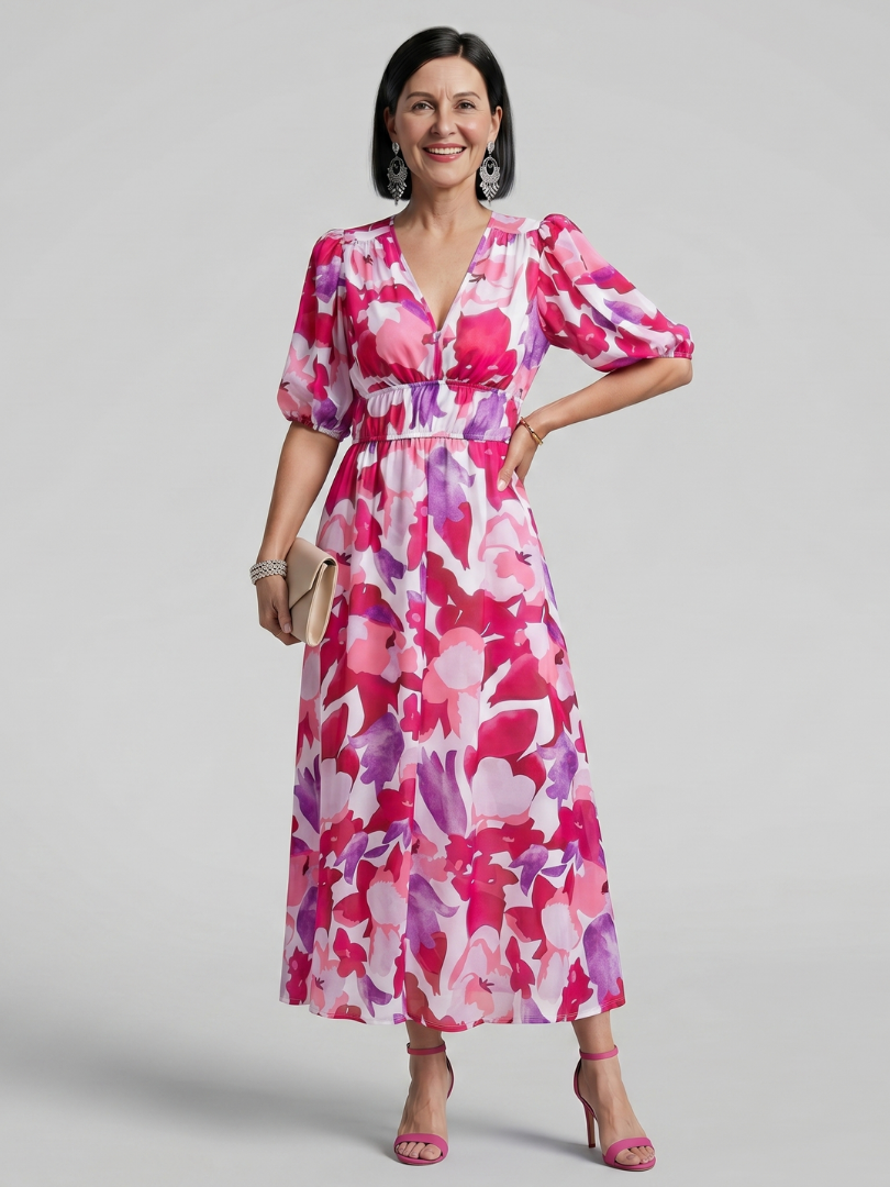 Lila™ | Chic Abstract Print Midi Dress for Effortless Elegance