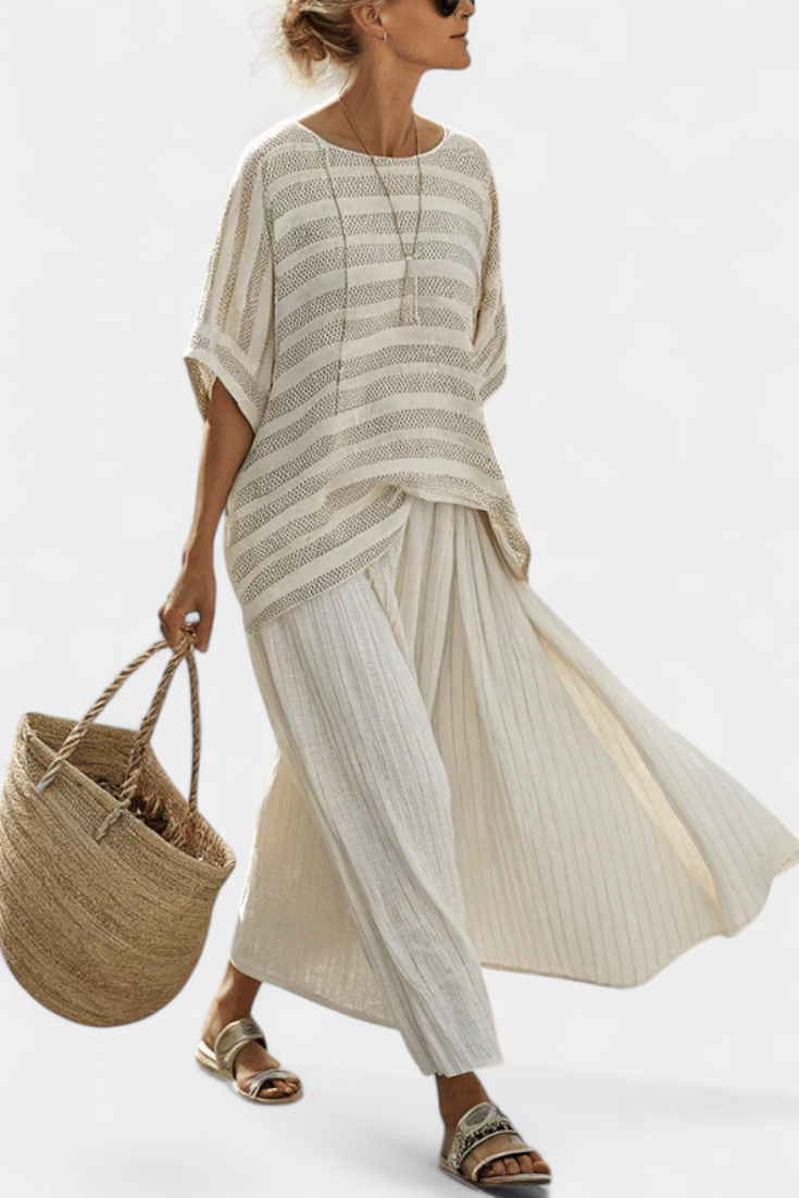 Graziella™ | Chic Striped Bamboo Top & Flowing Linen Trousers