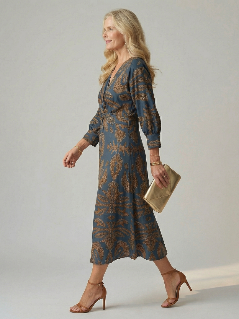 Romilly™ | Chic Long Sleeve Wrap Midi Dress in Rich Hues