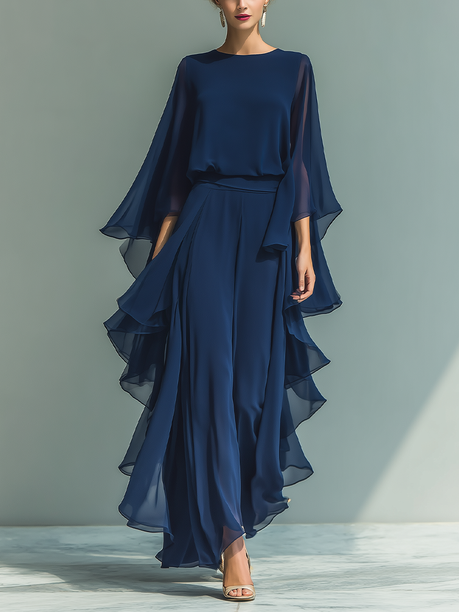 Lila™ | Luxurious Navy Chiffon Ruffle Set