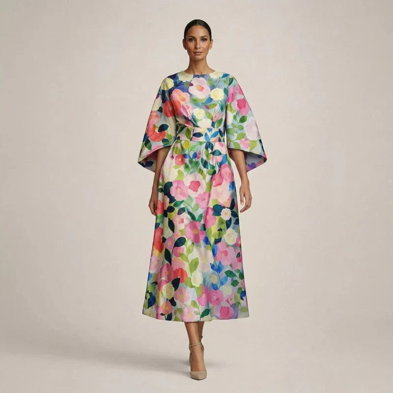 Elena™ | Floral Midi Dress with Sculpted Waist