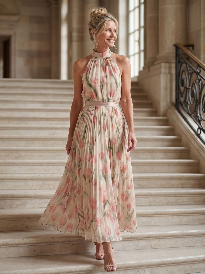 Lily™ | Chic Floral Halter Midi Dress