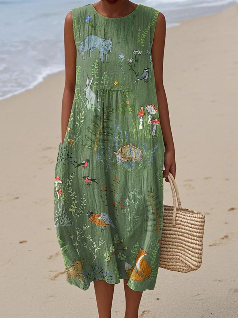 Elena™ | Charming Sleeveless Wrap Dress with Woodland Print