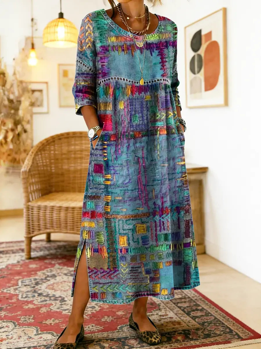 Clara - Chic Denim Dress with Ethnic Flair