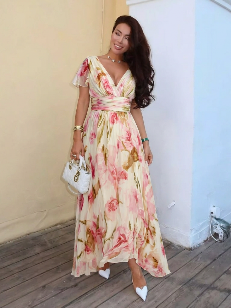 Elena™ | Floral V-Neck Dress for Effortless Elegance