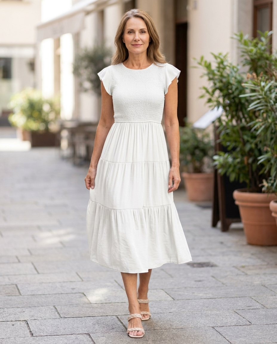 Beatrice | Round Neck Short Sleeve Gathered Skirt Midi Dress