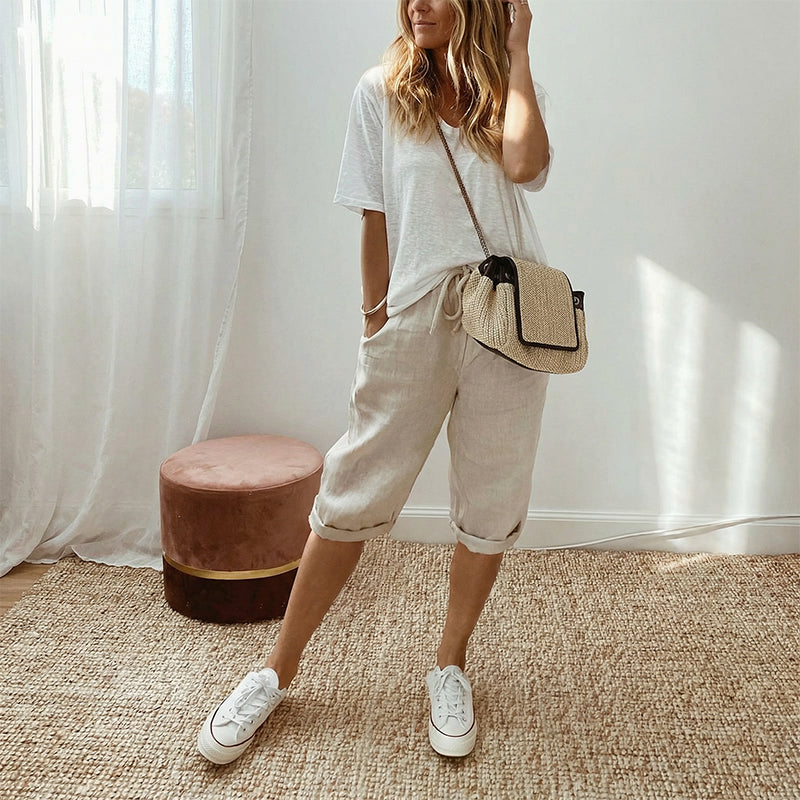 Lena - Chic Cotton-Linen Capri Trousers