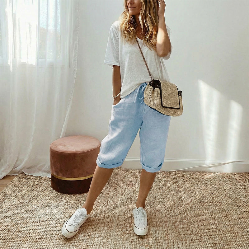 Lena - Chic Cotton-Linen Capri Trousers