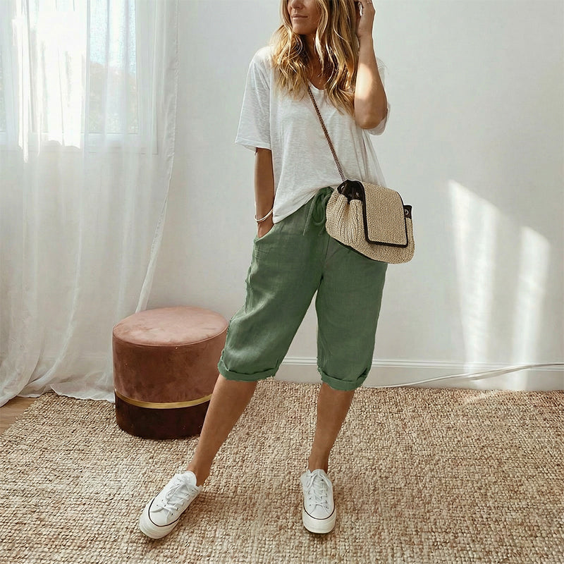 Lena - Chic Cotton-Linen Capri Trousers