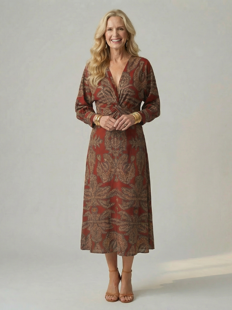 Romilly™ | Chic Long Sleeve Wrap Midi Dress in Rich Hues