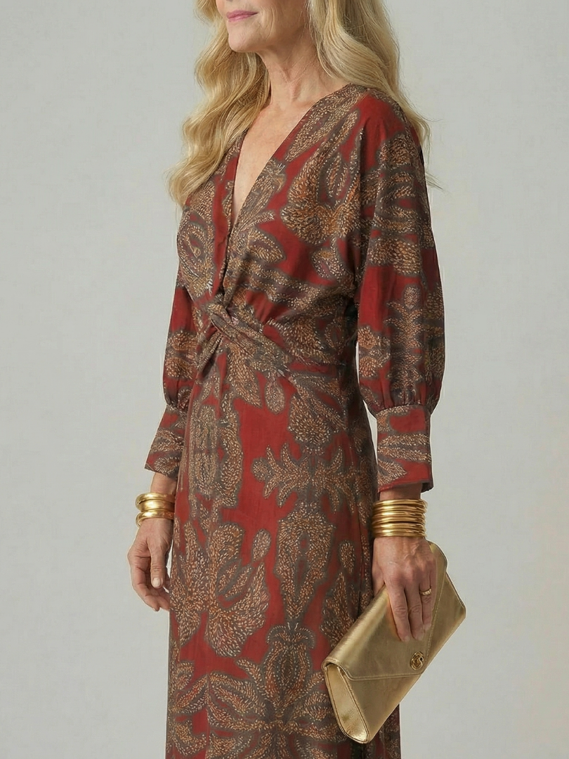 Romilly™ | Chic Long Sleeve Wrap Midi Dress in Rich Hues
