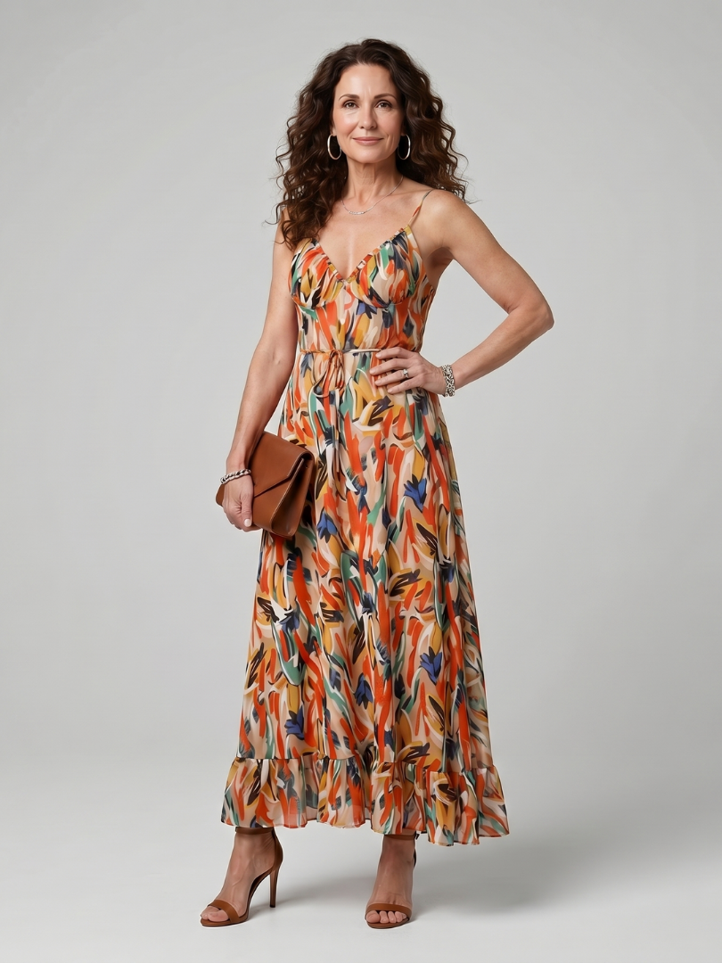 Clara™ | Elegant Abstract Print Midi Dress in Vibrant Multicolour