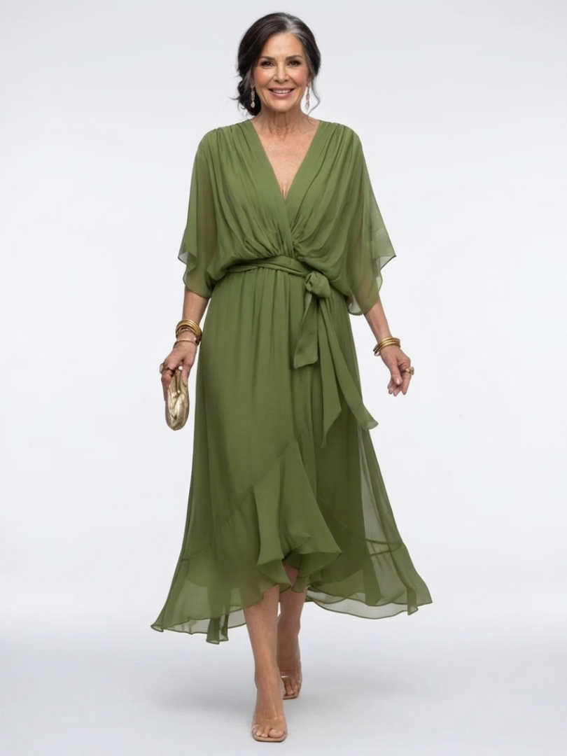 Elysia™ | Chic V-Neck Midi Dress for Effortless Elegance