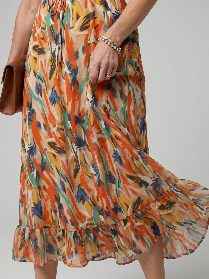 Clara™ | Elegant Abstract Print Midi Dress in Vibrant Multicolour