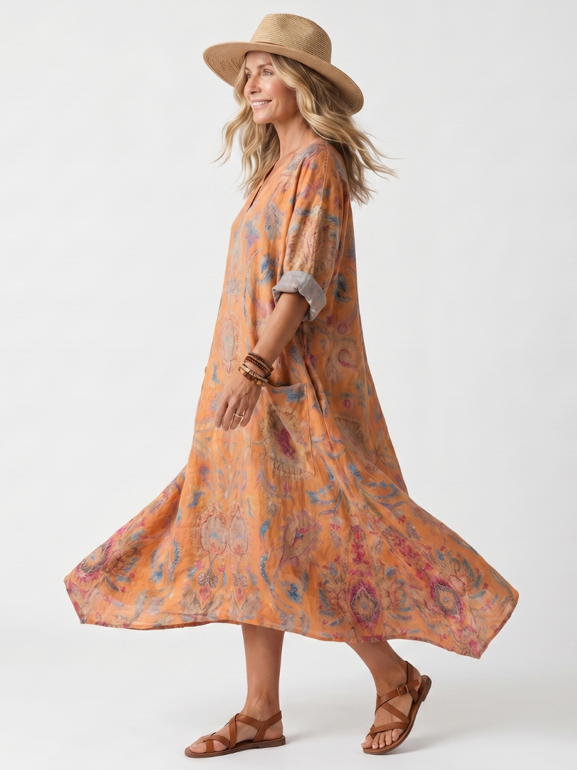 Elena™ | Chic Printed Midi Dress with Pockets
