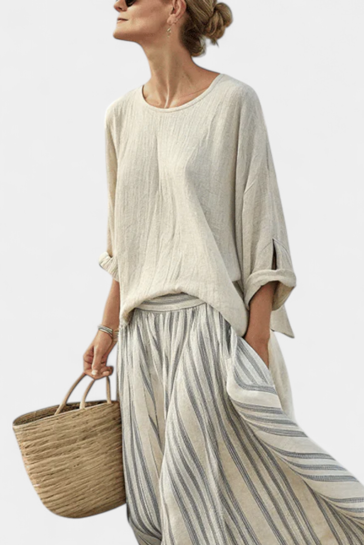 Bella™ | Chic Blouse and Striped Midi Skirt for Effortless Elegance
