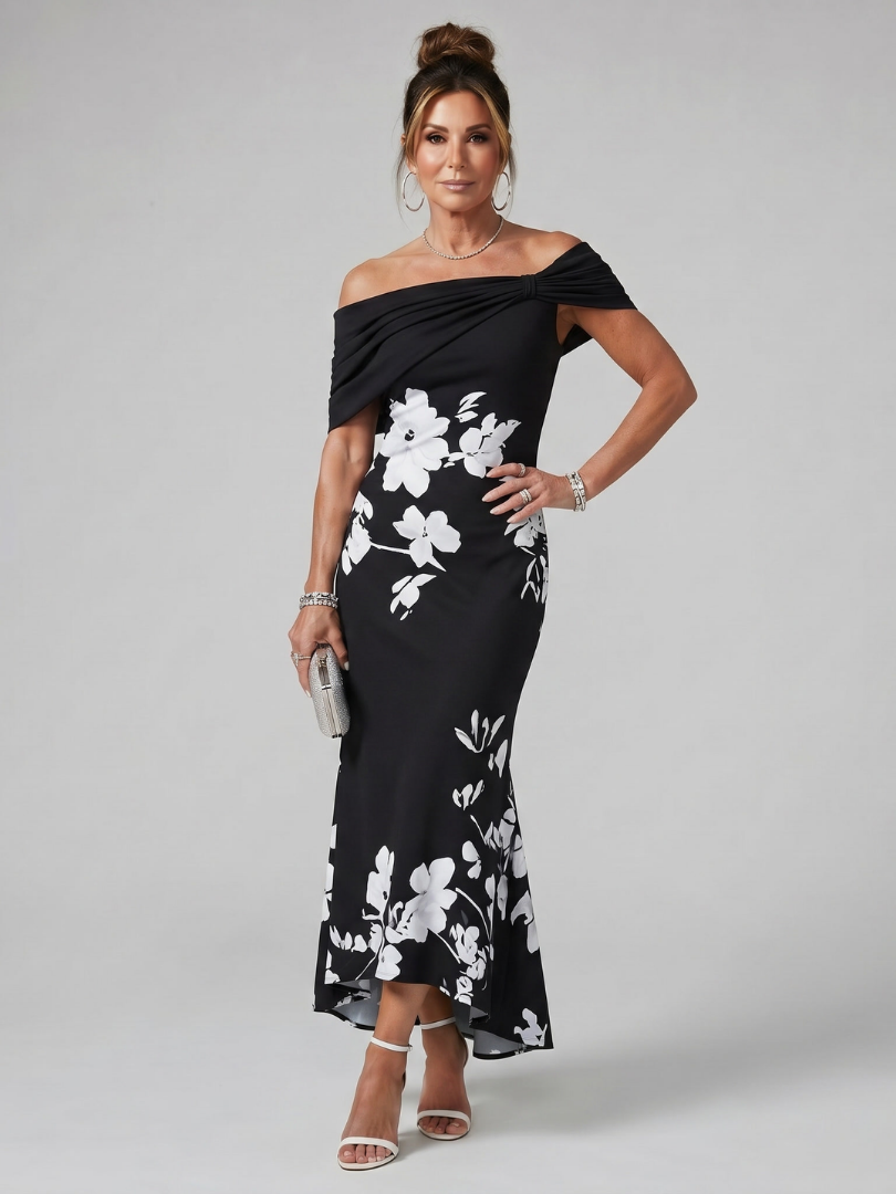 Lila™ | Chic Off-Shoulder Midi Dress in Luxe Draped Fabric