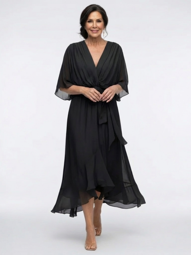Elysia™ | Chic V-Neck Midi Dress for Effortless Elegance