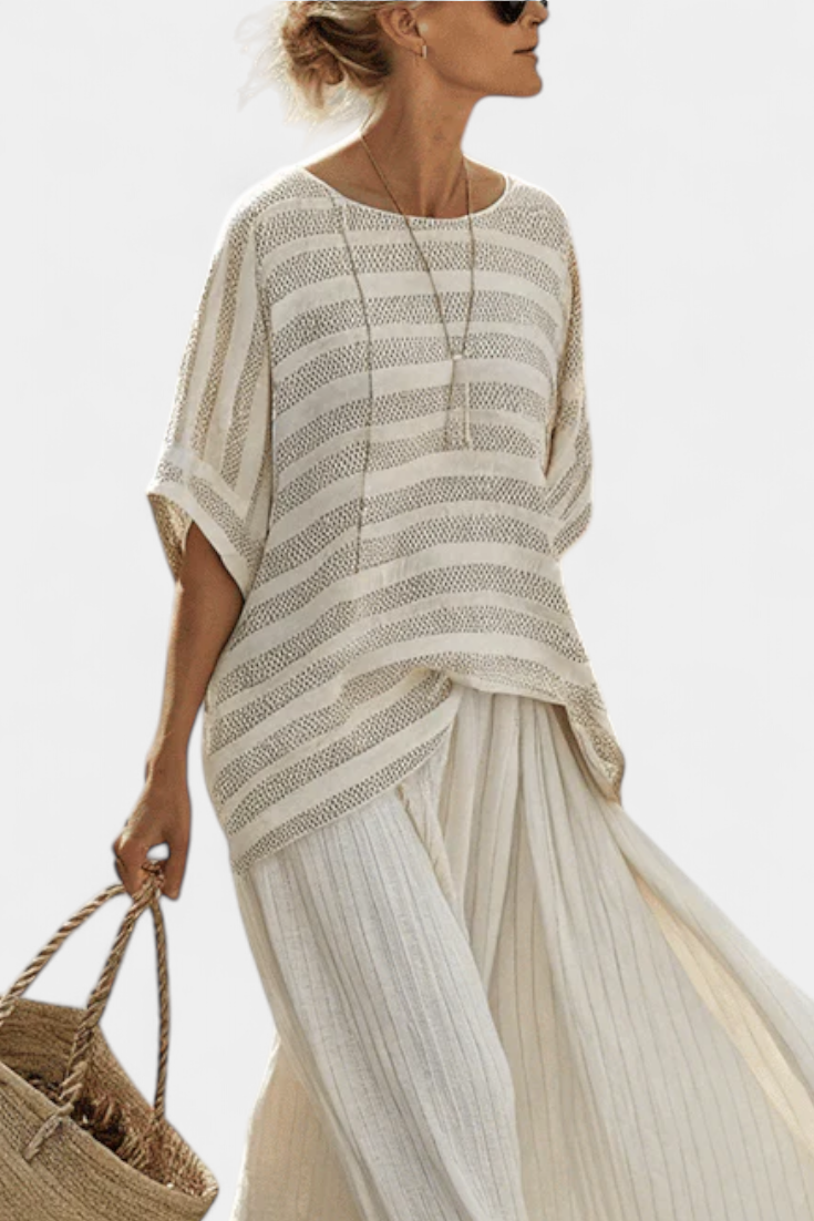 Graziella™ | Chic Striped Bamboo Top & Flowing Linen Trousers