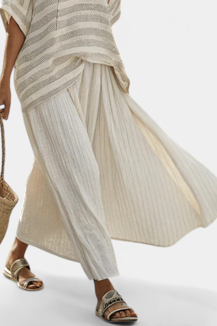 Graziella™ | Chic Striped Bamboo Top & Flowing Linen Trousers