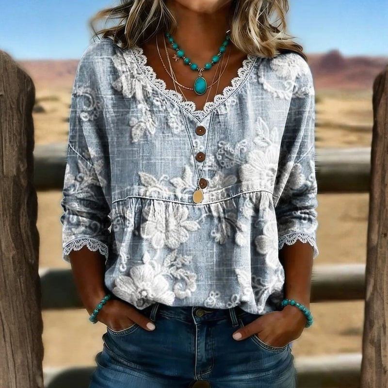 Lila™ | Vintage Floral Chiffon Blouse with Charm