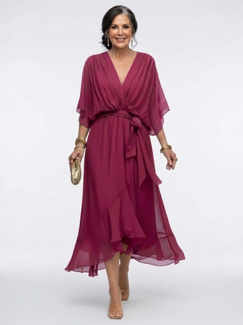 Elysia™ | Chic V-Neck Midi Dress for Effortless Elegance