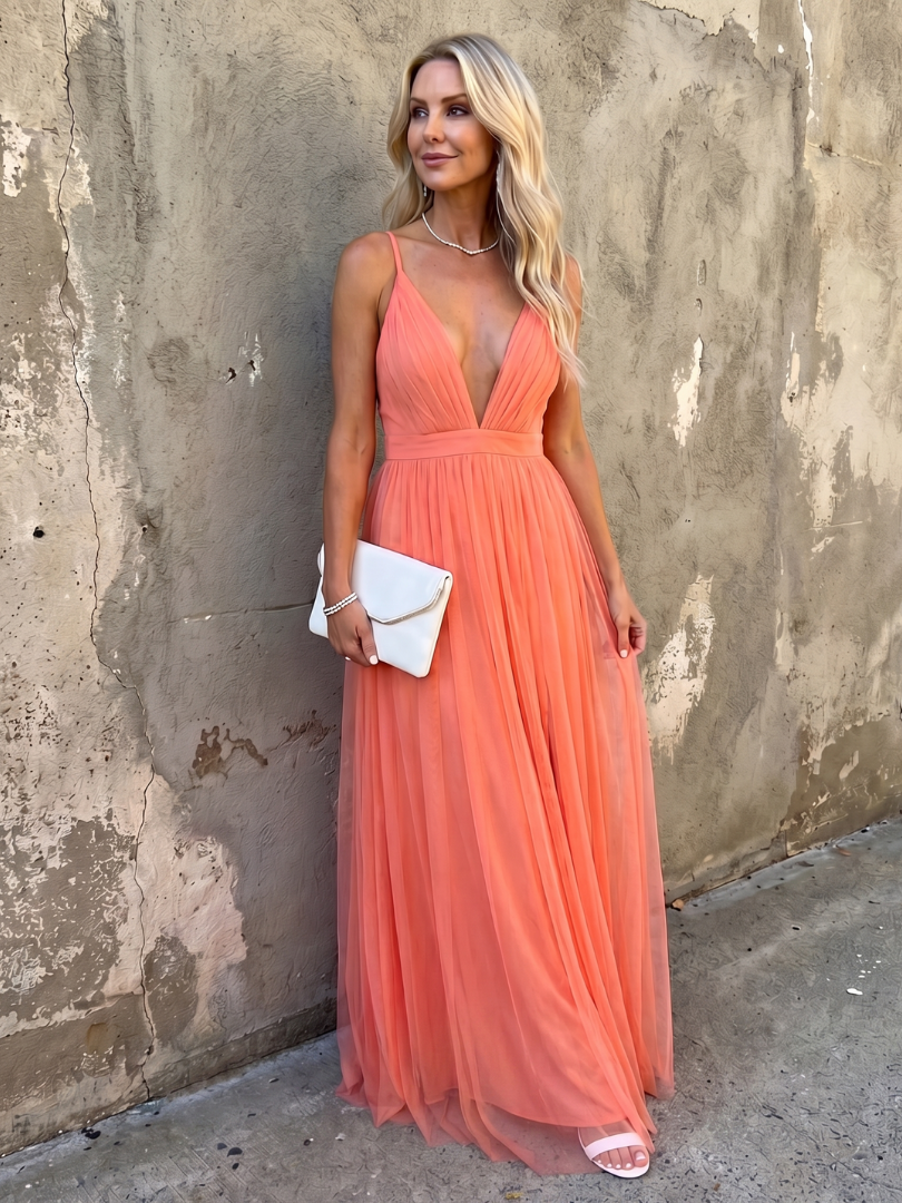 Isolde™ | Elegant Pleated Maxi Dress in Luxe Orange