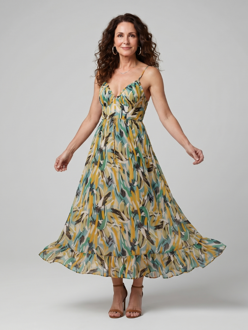 Clara™ | Elegant Abstract Print Midi Dress in Vibrant Multicolour