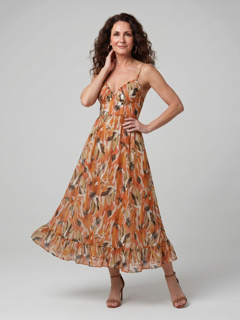 Clara™ | Elegant Abstract Print Midi Dress in Vibrant Multicolour