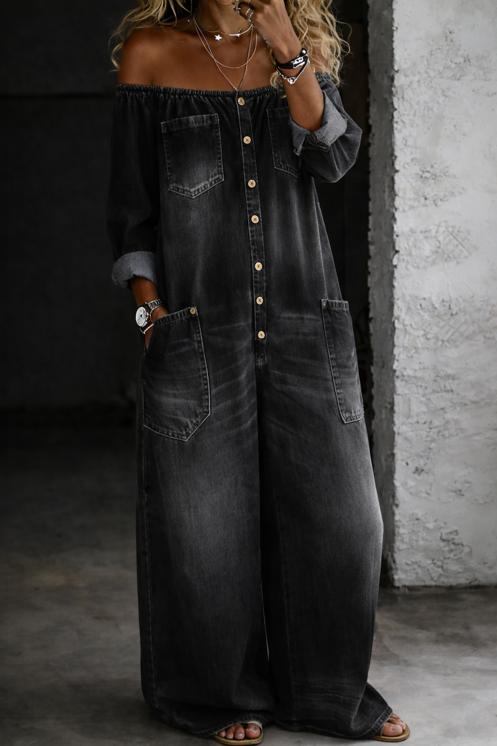 Elena™ | Denim Jumpsuit with Off-Shoulder Design