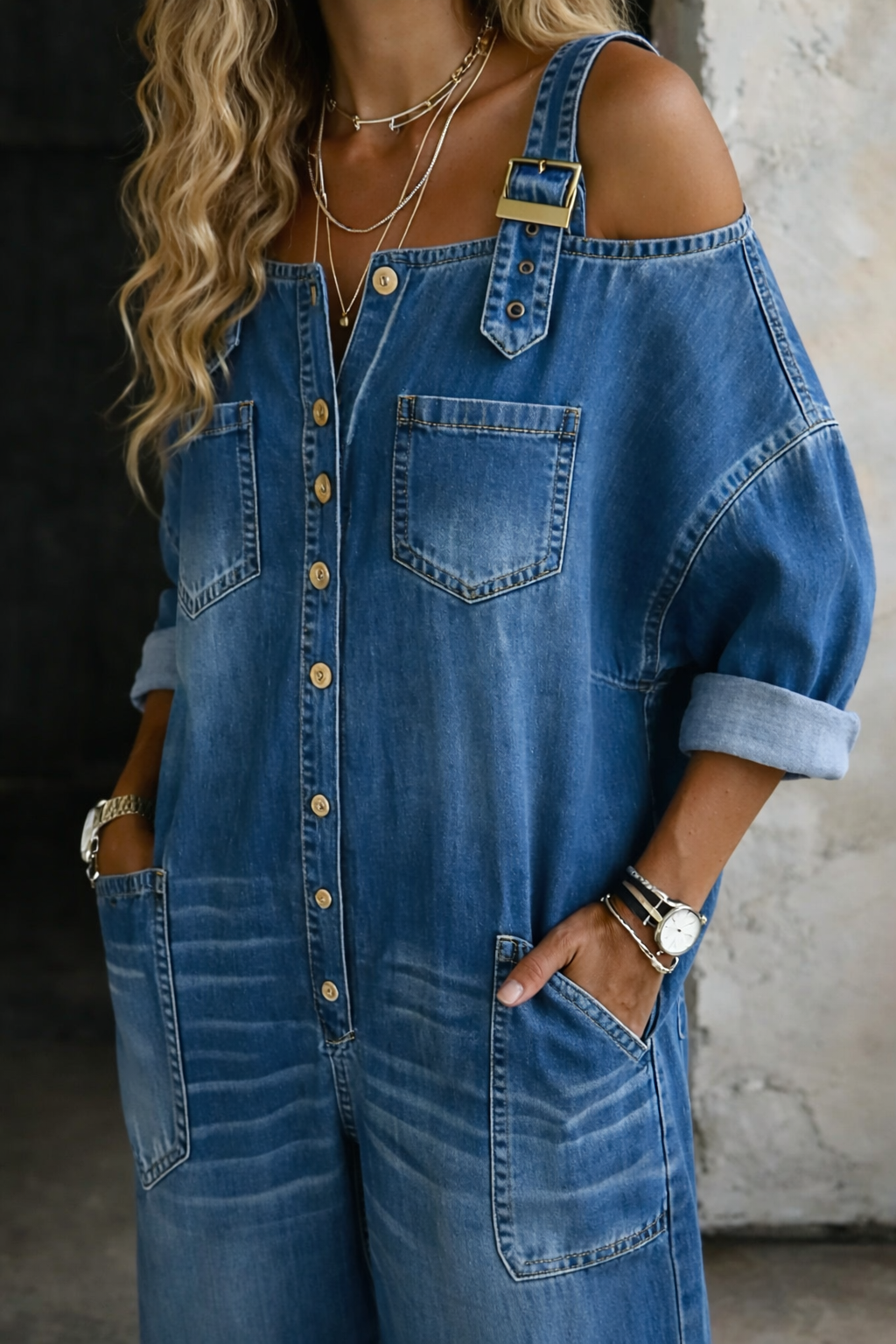 Sophia™ | Denim Jumpsuit with Off-the-Shoulder Design