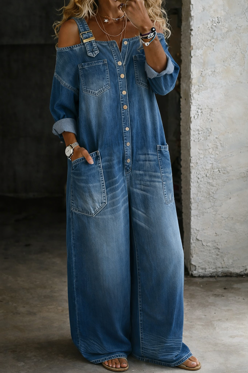 Stephanie™ | Denim Jumpsuit with Off-the-Shoulder Design