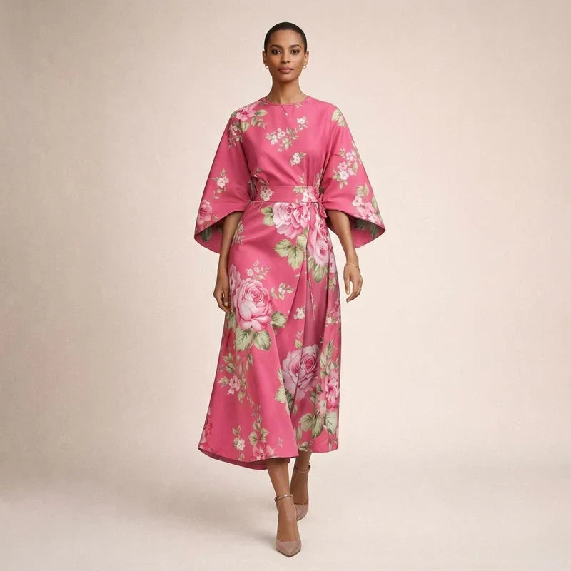 Elena™ | Floral Midi Dress with Sculpted Waist