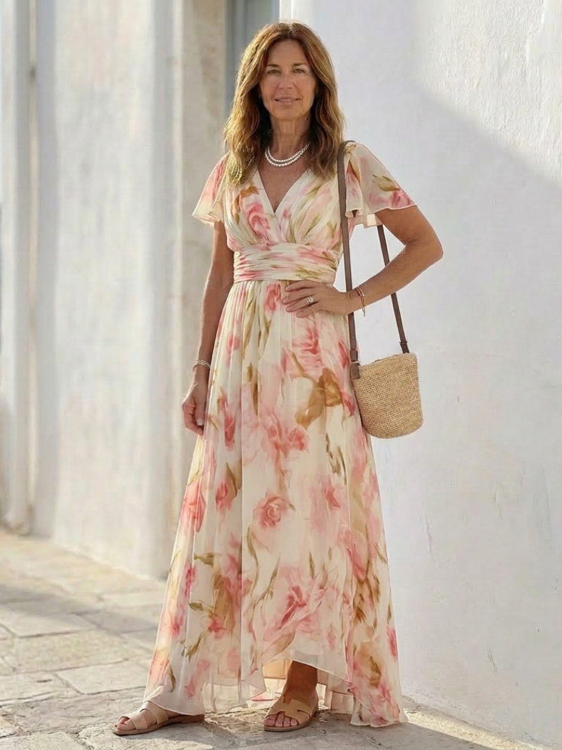 Elena™ | Floral V-Neck Dress for Effortless Elegance