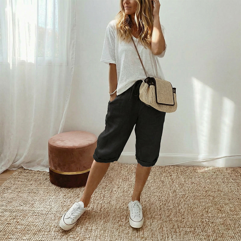 Lena - Chic Cotton-Linen Capri Trousers