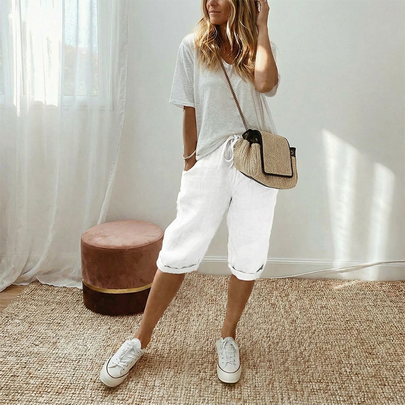 Lena - Chic Cotton-Linen Capri Trousers